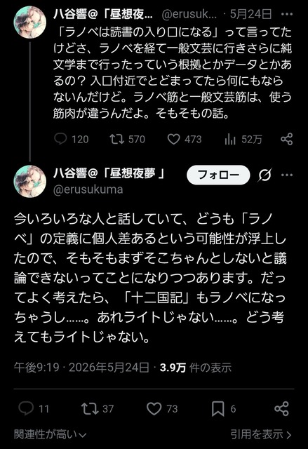 【正論】人気作家「ラノベが読書の入り口になるなんて大嘘、純文学まで辿り着いた人どれだけいるの？使う筋肉が違うんですよ」 | 【正論】人気作家「ラノベが読書の入り口になるなんて大嘘、純文学まで辿り着いた人どれだけいるの？使う筋肉が違うんですよ」 | 【正論】人気作家「ラノベが読書の入り口になるなんて大嘘、純文学まで辿り着いた人どれだけいるの？使う筋肉が違うんですよ」 | 【正論】人気作家「ラノベが読書の入り口になるなんて大嘘、純文学まで辿り着いた人どれだけいるの？使う筋肉が違うんですよ」 | やっちまった速報(画像28091338114460_4)